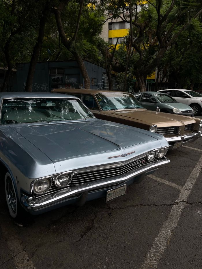 Classic Chevrolet cars parked outdoors, showcasing retro design and vintage style.